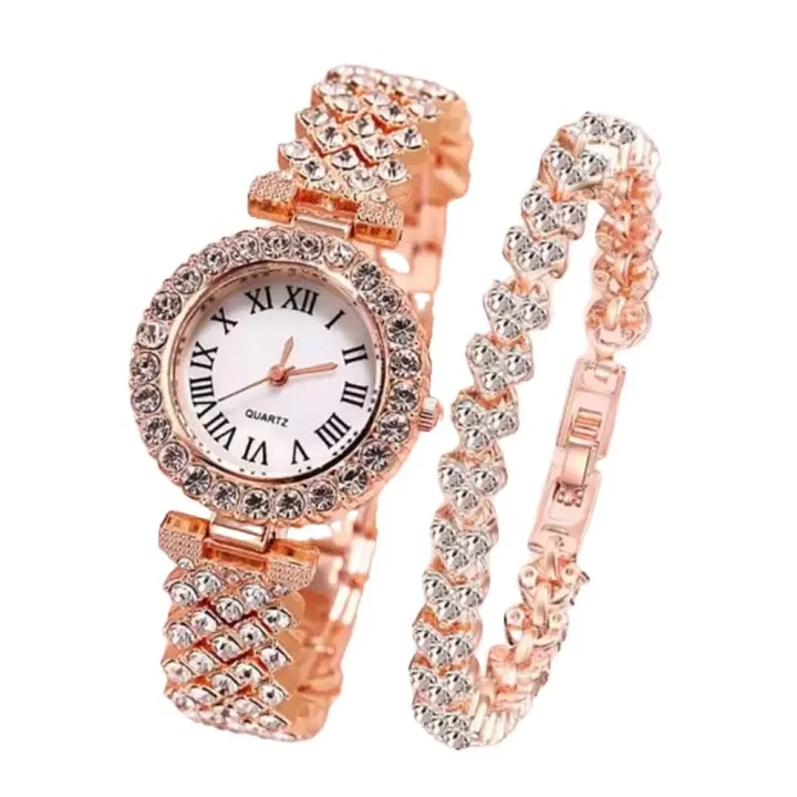 Elegant Luxury Full Diamond Quartz Watch / Ladies Korean Fashion Rhinestone Wristwatch Bracelet Set