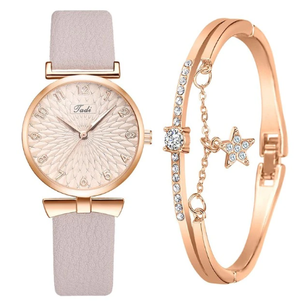 Women Watches Bracelet Set Flowers Ladies Bracelet Watch Casual Leather Quartz Wristwatch 2pcs Set Clock Gifts Relogio Feminino
