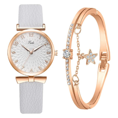 Women Watches Bracelet Set Flowers Ladies Bracelet Watch Casual Leather Quartz Wristwatch 2pcs Set Clock Gifts Relogio Feminino