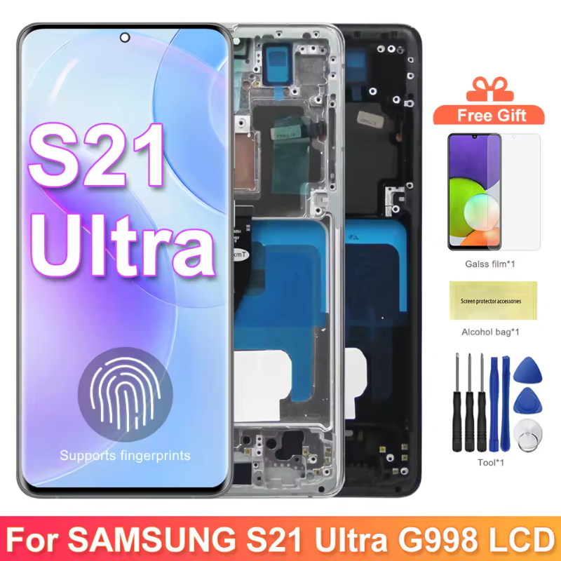 Original Super AMOLED S21 Ultra Screen Assembly for Samsung Galaxy S21 Ultra 5G G998B G998B/DS Touch Screen with Fingerprints