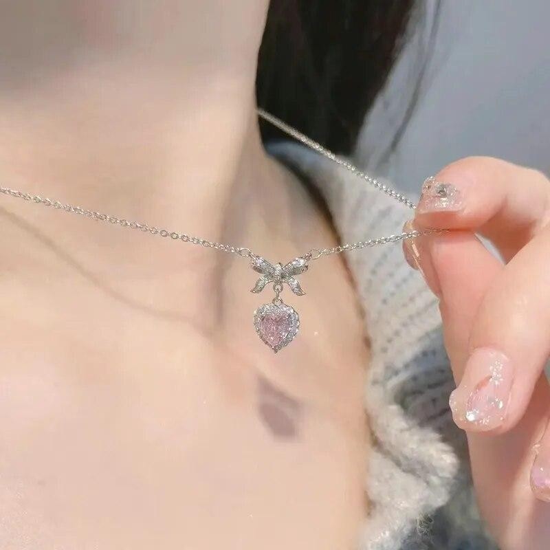 Pink Heart Crystal Zircon Bowknot Pendant Necklace for Women – Elegant Clavicle Chain Jewelry for Girls