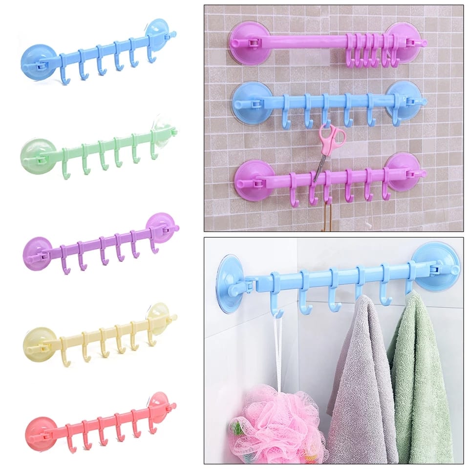 Locking Sucker 6 Hooks Kitchen Bathroom Wall Row Hooks Nail-free Seamless Six Hooks Random Color Hanging Rack Hook