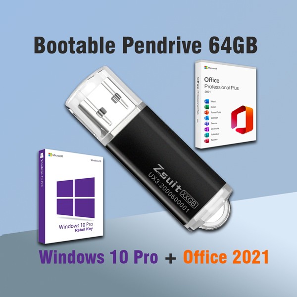 64GB Bootable Flash Drive For Windows 10 Pro With Office 2021 Pro Plus (X64) Multilangues Pre-Activated