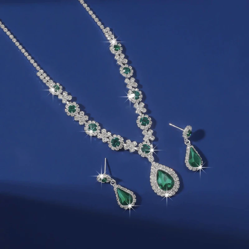 Women's Rhinestone Jewelry Set – Waterdrop Pendant Necklace & Stud Earrings for Weddings