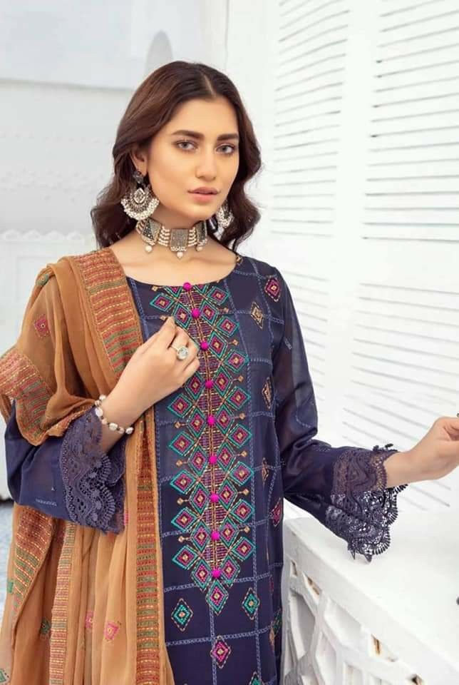 Pakistani Khubsurat Unstitched & Dupatta Embroidered Dress for Women.